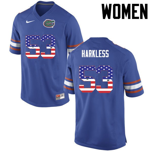 Florida Gators Women #53 Kavaris Harkless College Football Jersey USA Flag Fashion Blue